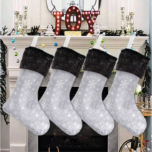 Christmas Stockings- 4 Pack 18" Grey and White Snowflake Christmas Stockings with Black Plush Faux Fur Cuff, Large Christmas Stockings Decorations for Family Christmas Holiday Party