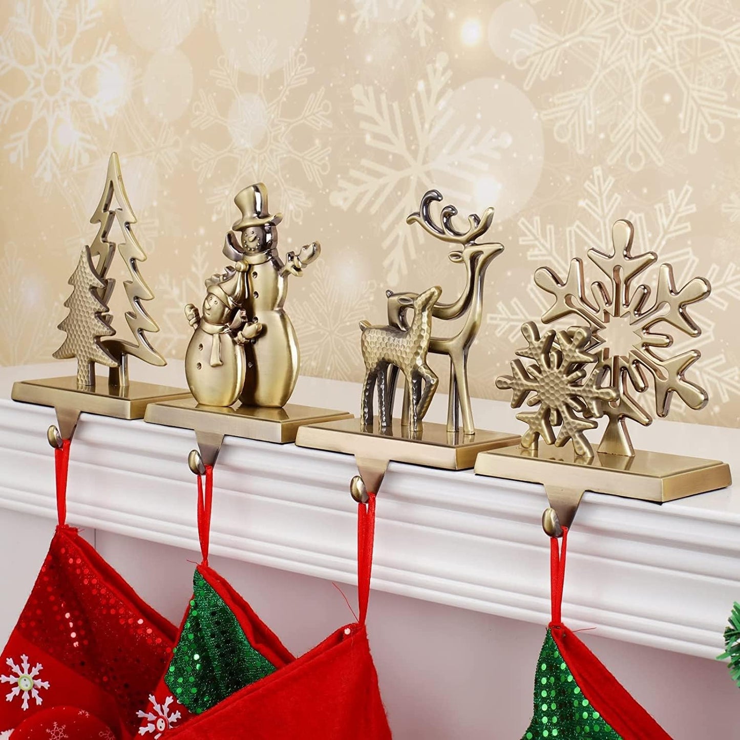 Set of 4 Christmas Stocking Holders for Mantle-Christmas Stocking Hangers for Mantel Xmas Stocking Hooks for Fireplace,Metal Mantle Hooks Shelf Hanger Mantelpiece Decoration (4 Pack Bronze)