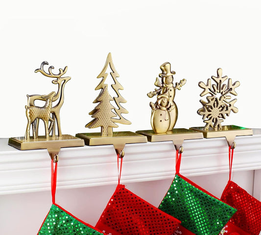 Set of 4 Christmas Stocking Holders for Mantle-Christmas Stocking Hangers for Mantel Xmas Stocking Hooks for Fireplace,Metal Mantle Hooks Shelf Hanger Mantelpiece Decoration (4 Pack Bronze)