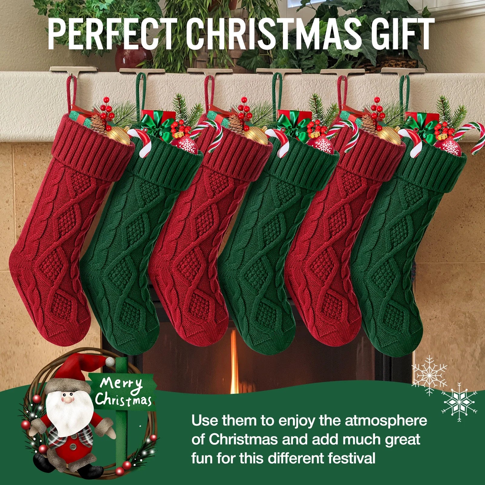 6Pcs Christmas Stockings Large Knitted Xmas Stockings 18 Inches Fireplace Hanging Stockings for Family Holiday Christmas Decoration